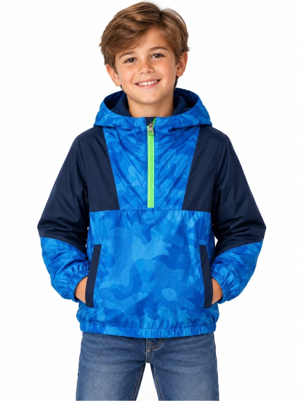 LandsEnd Kids Active Fleece Lined Pullover Half Zip Jacket Blue Camouflage